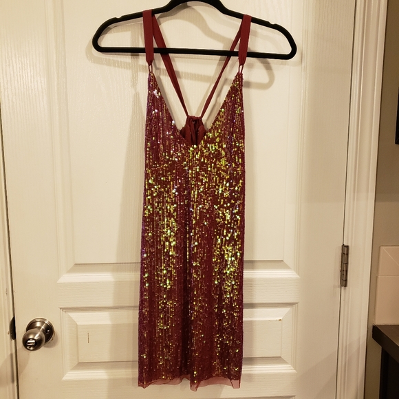 Free People Gold Rush Sequin Mini Dress Wine - Picture 4 of 6